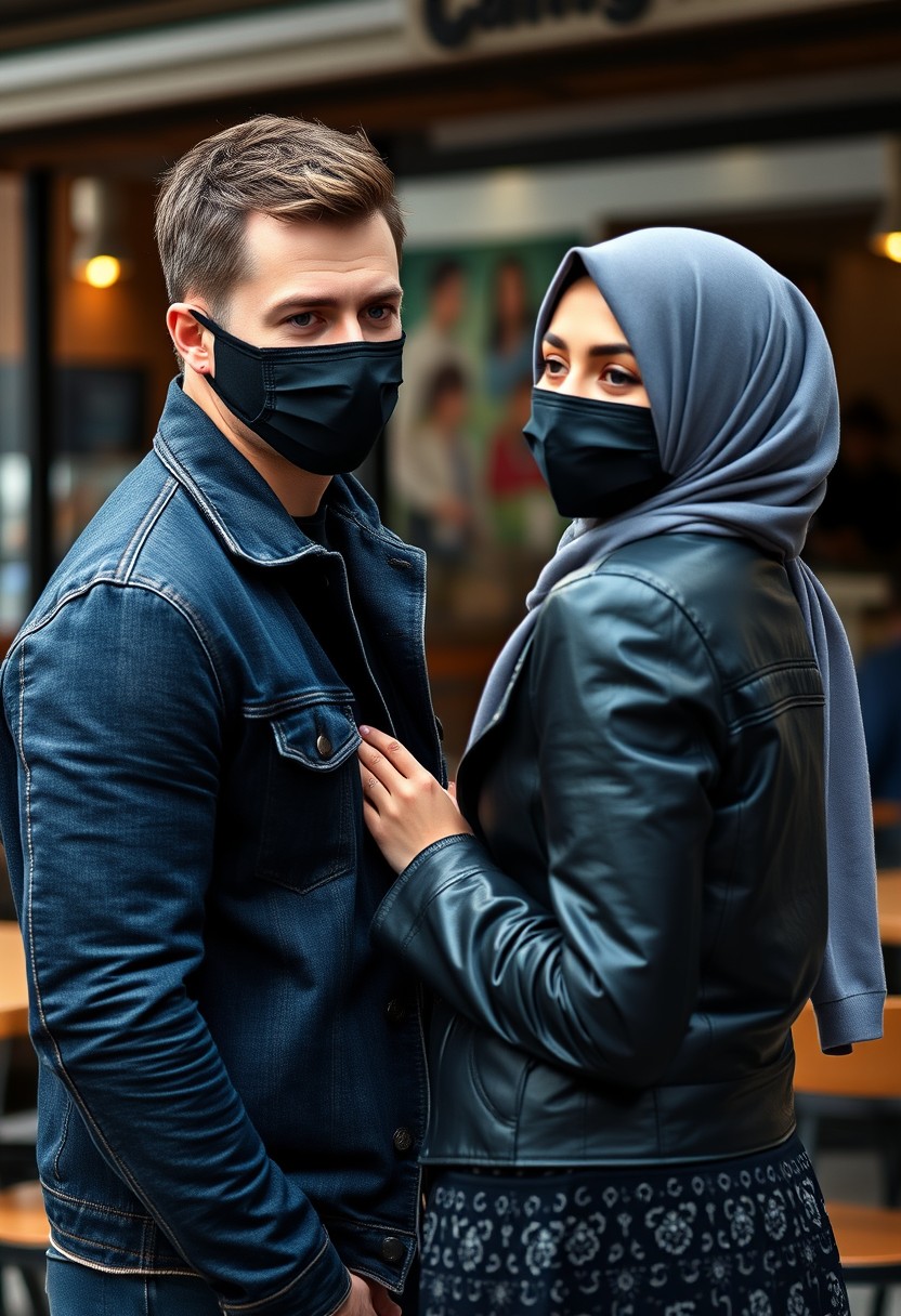 Jamie Dornan's head and body shot, handsome, black face mask, blue jeans jacket, jeans, dating, love couple with a grey hijab Muslim girl, beautiful eyes, black face mask, black leather jacket, biggest patterned skirt, talking at a café, photorealistic.