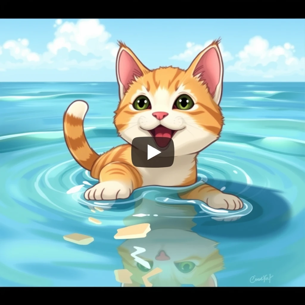 "Try to draw a cute cat playing in the ocean, reflecting reality as much as possible in the video."