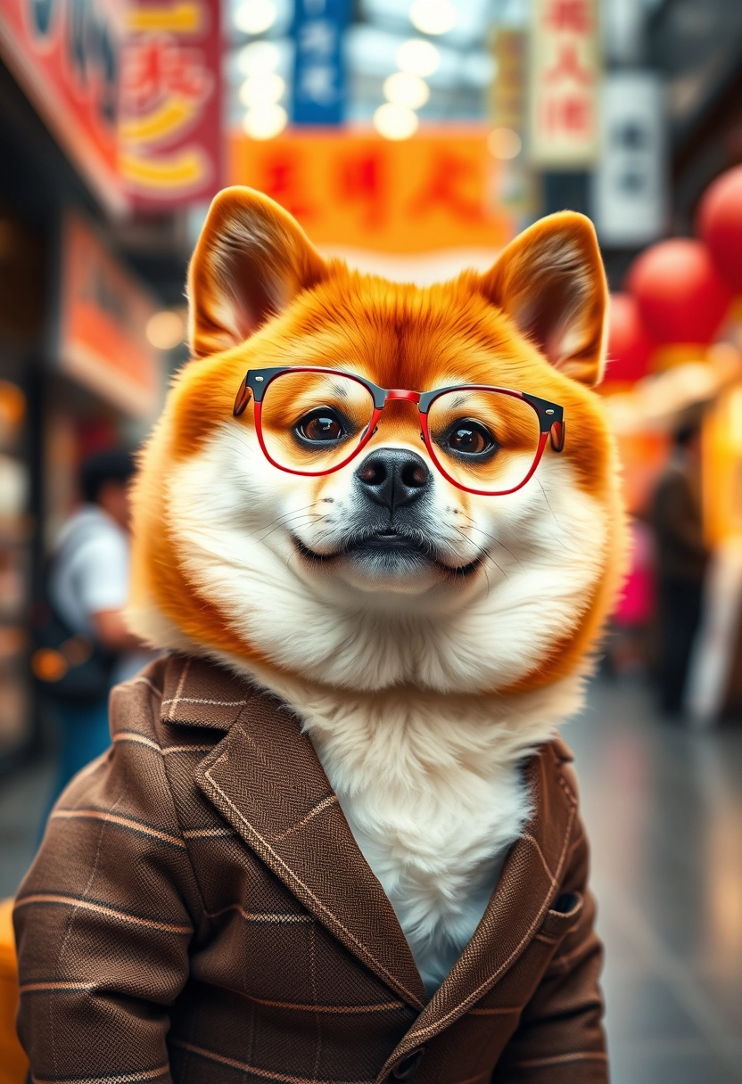 Pet photography of a chubby Shiba Inu in a bustling commercial area, with a blurred background, wearing a brown plaid suit and red-framed glasses, high-definition quality, smartphone wallpaper, realistic, masterwork.