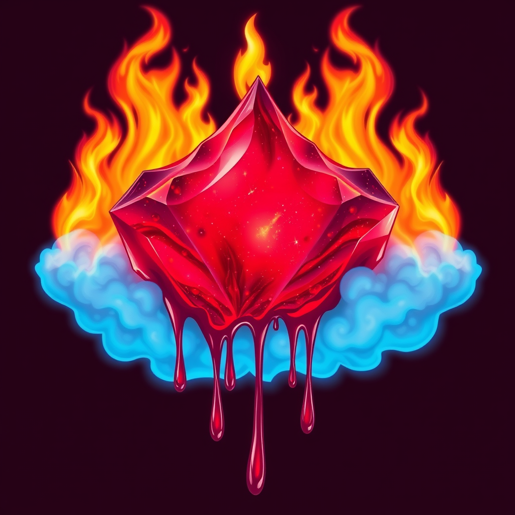 A tee shirt design of a beautiful ruby red kingdom in the clouds on fire with beautiful liquid red ruby dripping with flames. The ruby has subtle colorful embers burning in the ruby. Inside of the ruby should be reminiscent of beautiful galaxies perfectly blended with chaos. Striking and otherworldly on a transparent background, the flames should have an outline of a beautiful blue ethereal glow. - Image