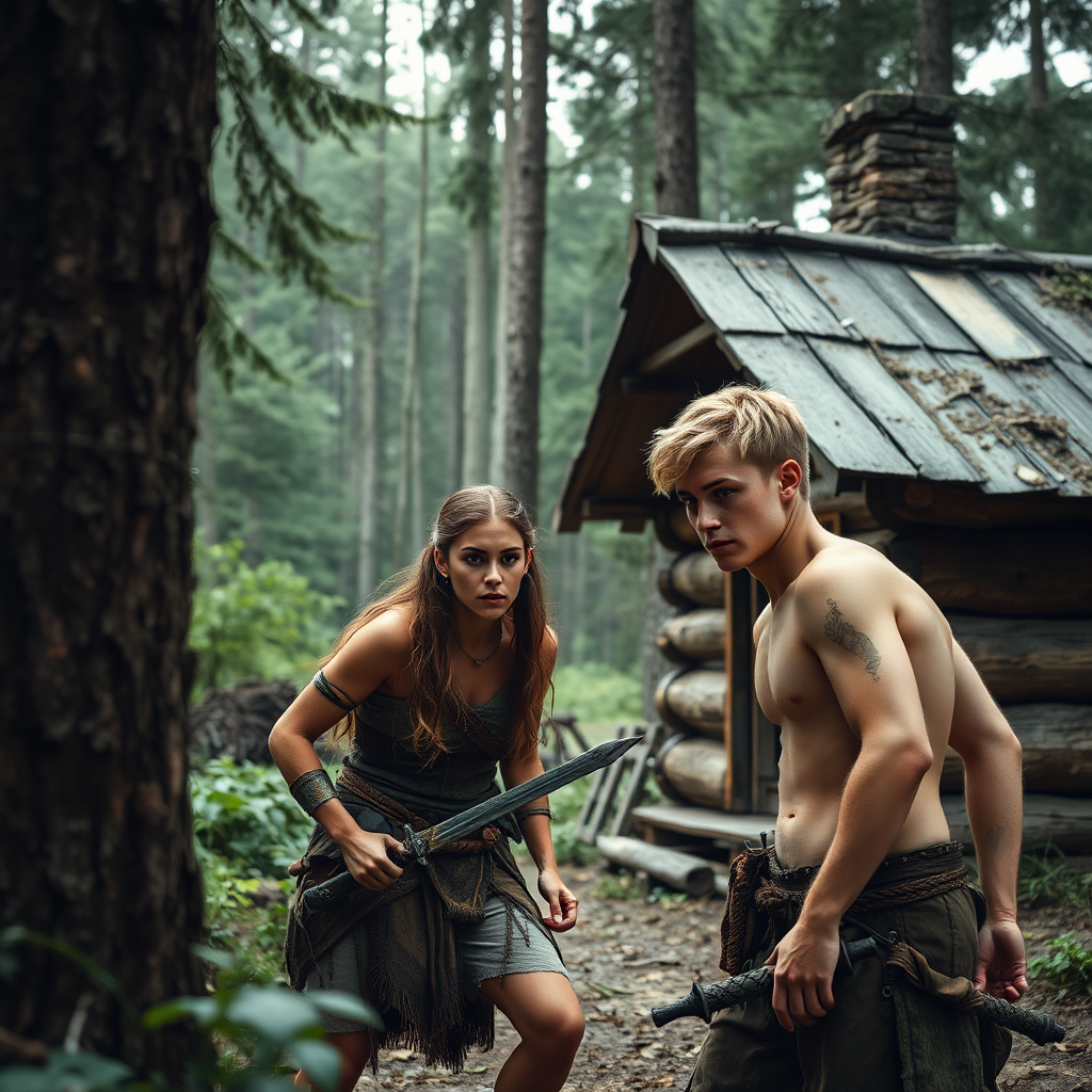 Real-life photography: In the forest, a female barbarian and a white-skinned young man encounter danger next to a wooden cabin.