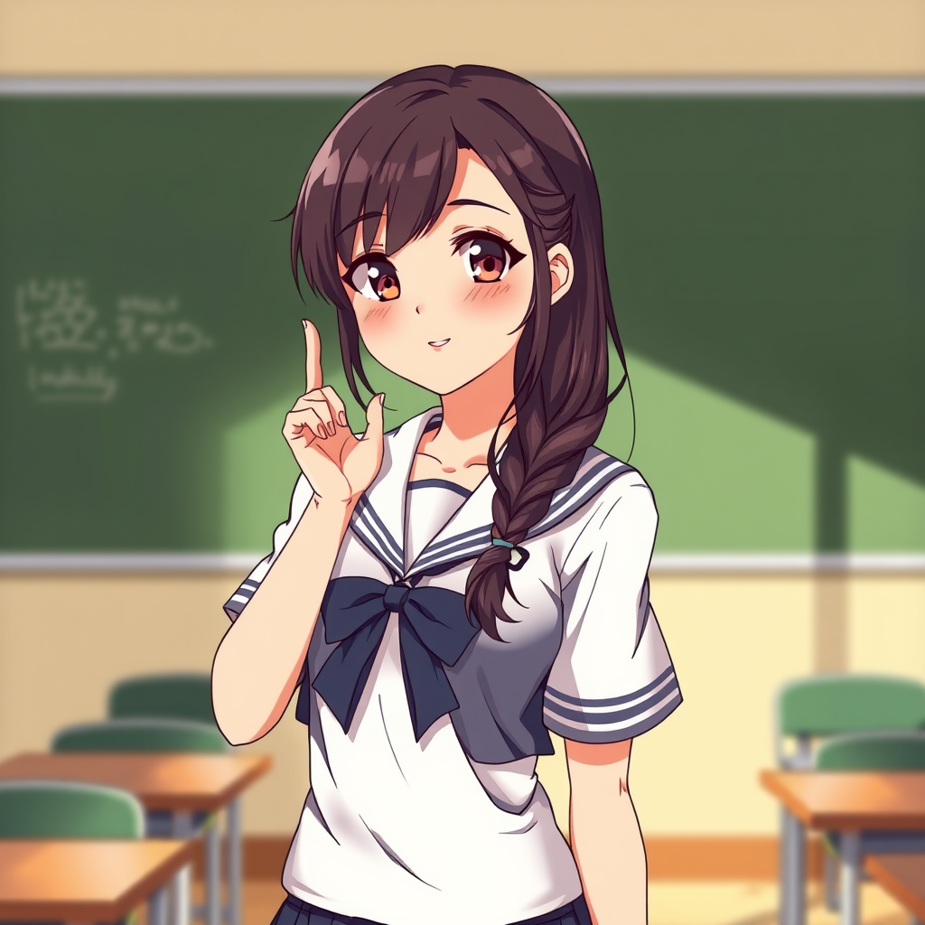 Pop art, realistic Anime illustration of a motherly woman, girly pose, hair style, school uniform, natural reflective, detailed body, standing, anime classroom, anime illustration, illustration quality, realistic shadows. - Image