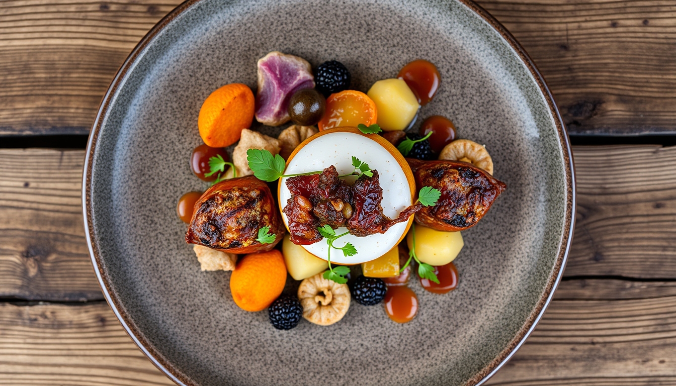 A top-down view of a beautifully arranged gourmet dish, with vibrant colors and textures, placed on a rustic wooden table, highlighting the artistry of food. - Image