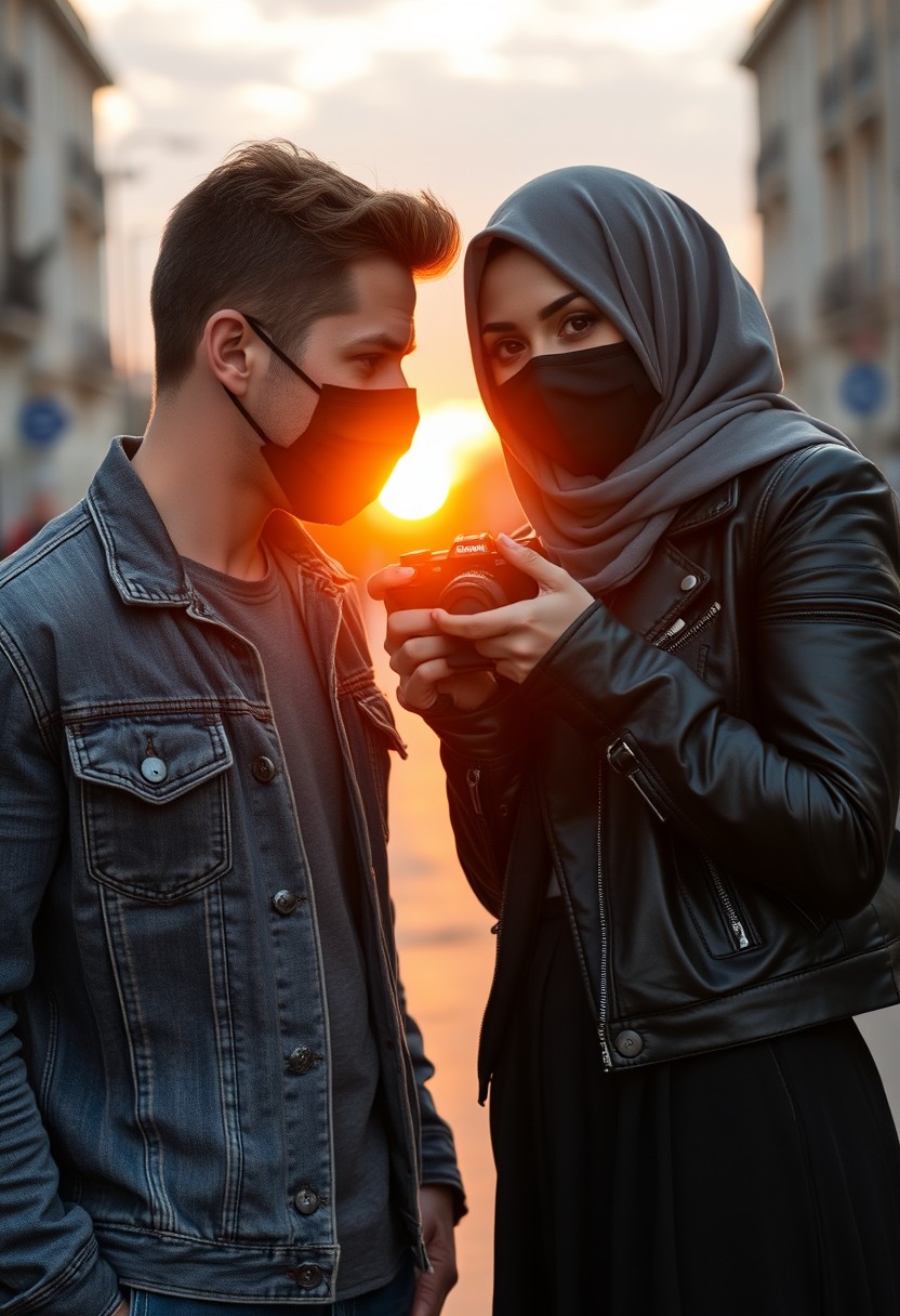 Jamie Dornan's head and body shot, handsome, black face mask, denim jacket, jeans, dating, love couple, with the biggest grey hijab Muslim girl, black face mask, beautiful eyes, black leather jacket, largest skirt, taking picture, DSLR Canon camera, sunset, hyper-realistic, street photography.