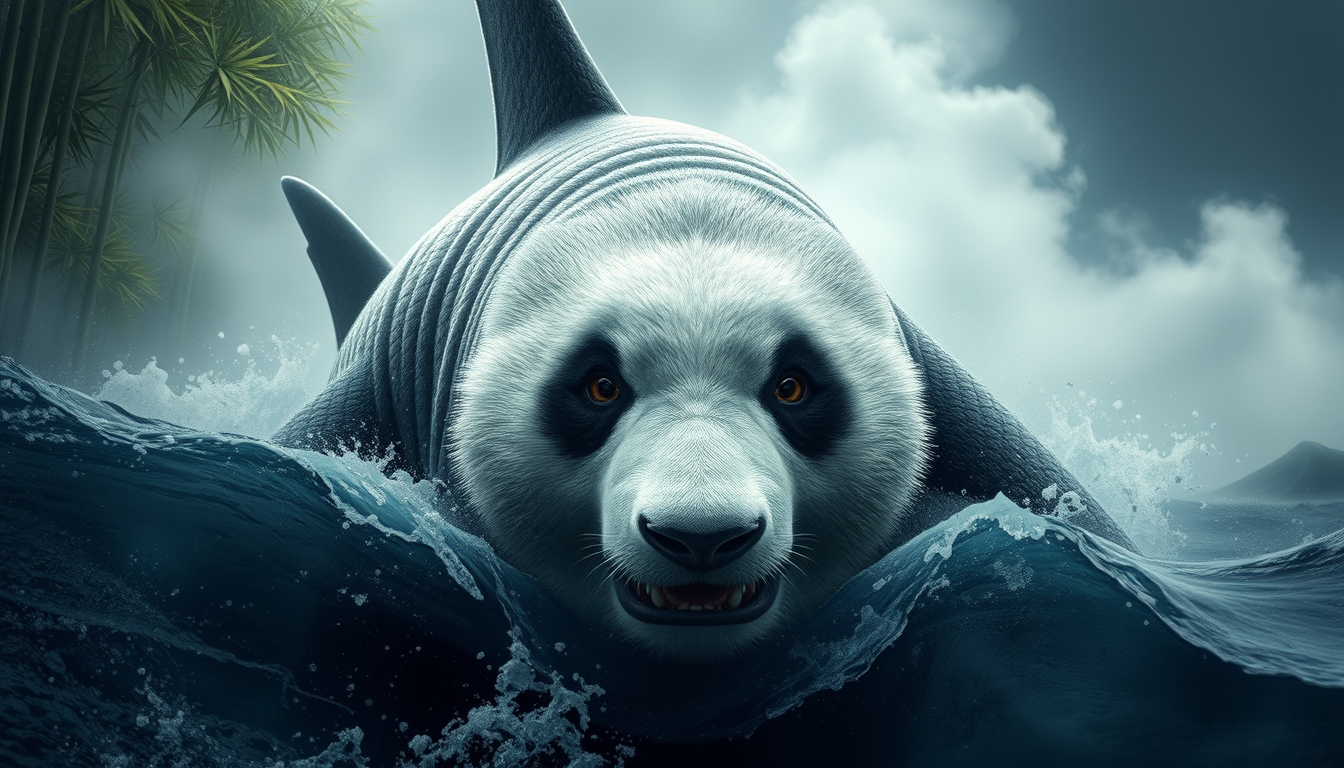 A mesmerizing hybrid creature, part great white shark, part giant panda, emerges from misty bamboo forests into turbulent ocean waters. Hyper-realistic details capture every scale and fur strand. Eyes blend primal hunger with gentle wisdom. Ancient Chinese mythology meets modern marine biology in this surreal, thought-provoking fusion. - Image