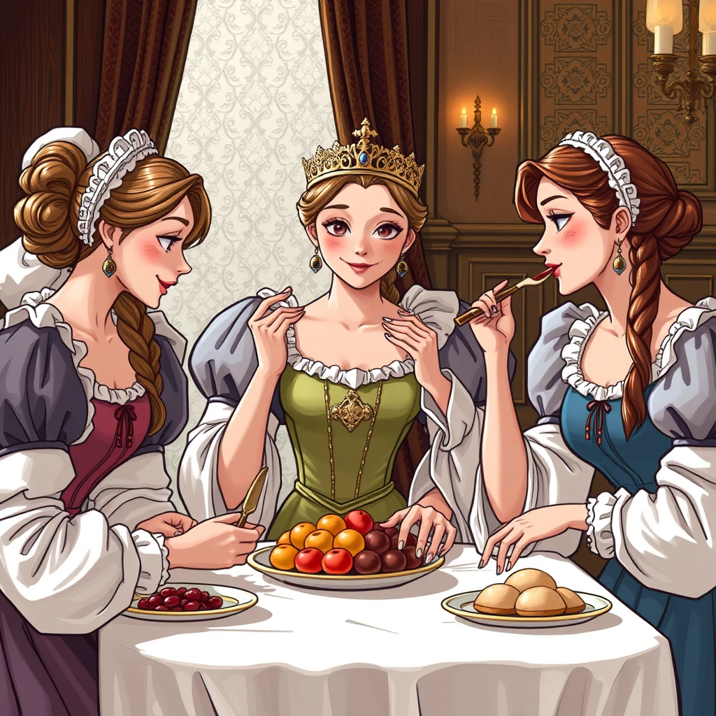 The princess didn't want to lift a finger to eat, so four maids took turns feeding her, one bite from the left, one bite from the right.