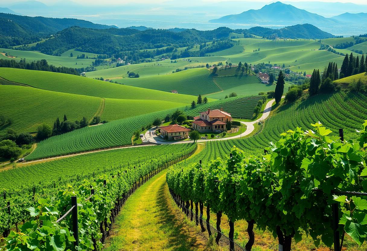 Verdant, rolling vineyards, grapevines, winemaking, high quality, photorealistic, rustic charm, scenic, harvest season, idyllic, countryside, panoramic, breathtaking::1.2 wine cellars, barrel aging, wine tasting, picturesque, countryside villas, grape harvest, winding roads - Image