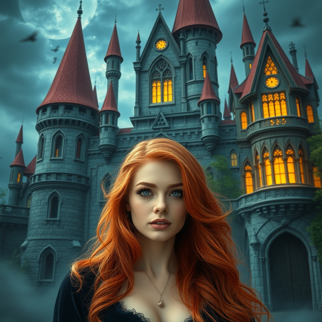 Beautiful woman with red hair in an enchanted castle.