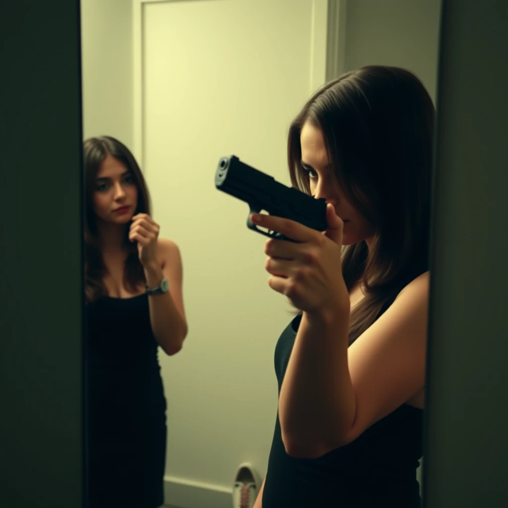 A young woman is holding a handgun while looking in the mirror, and you can see her shoes.