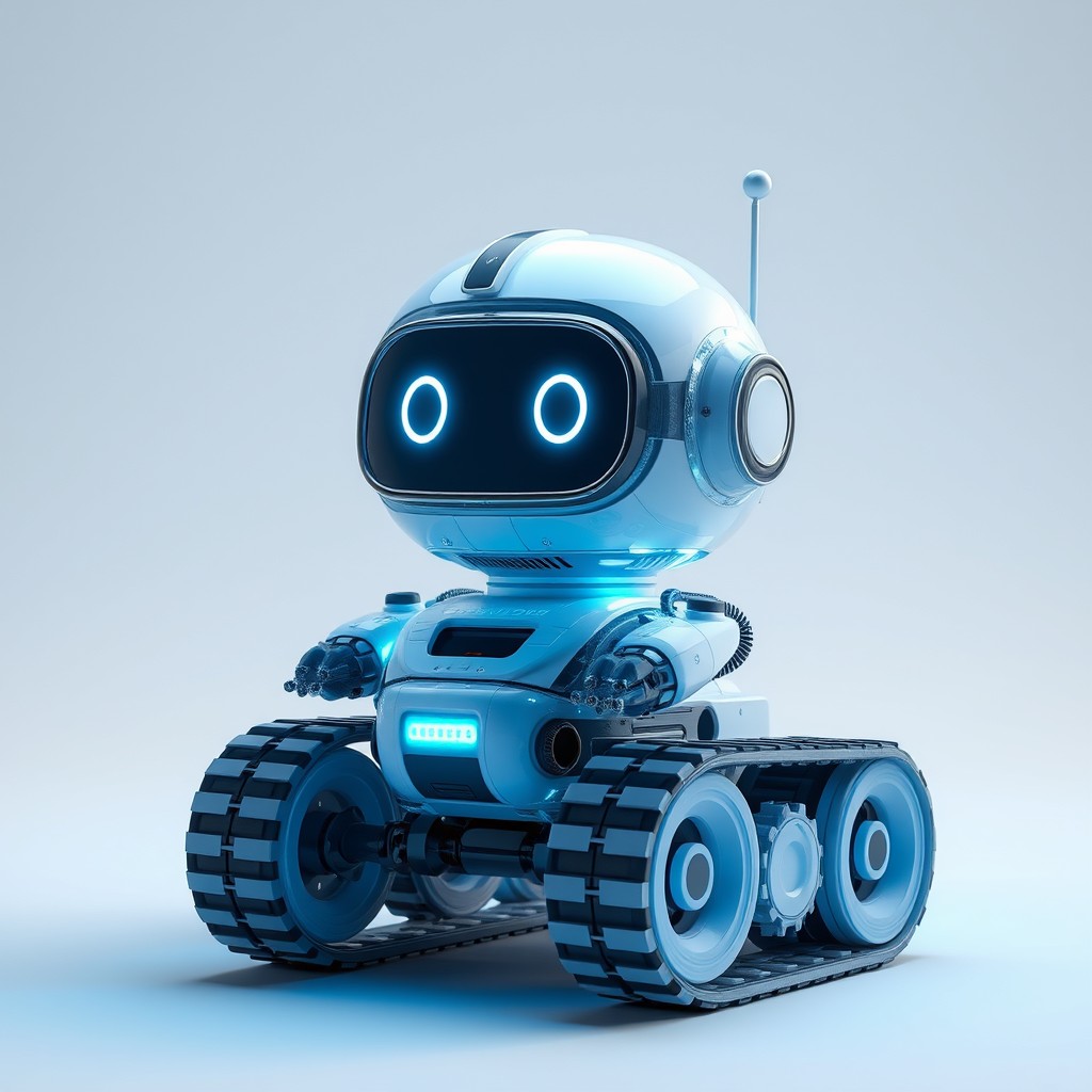 Cute aesthetic, a small and cute semi-transparent tracked robot with an LED screen face, emoticon, stunning Unreal Engine render, intricate details, simple background.