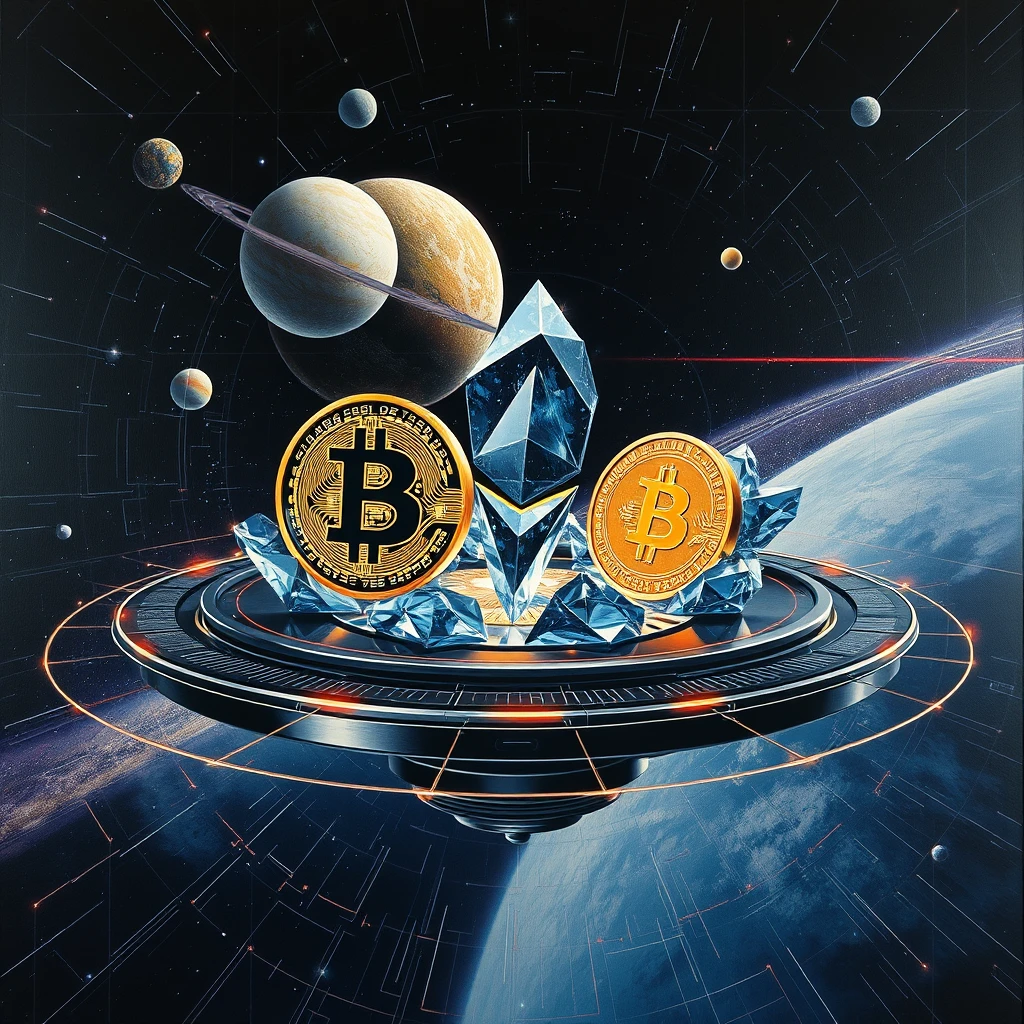 In this artwork filled with a sense of technology and futurism, elements of digital currency and cryptocurrency are cleverly integrated. Well-known tokens like Bitcoin and Ethereum are presented in unique crystalline structures, almost sparkling with dazzling brilliance. The backdrop is set in the vastness of outer space, with planets orbiting a rotating platform, creating a mysterious and captivating atmosphere. The entire piece employs a dark background, with metallic lines outlining a strong sci-fi style, while the exquisite craftsmanship of digital art is breathtaking. This painting not only showcases the unique charm of digital currency but also foretells the infinite possibilities of future technology. - Image