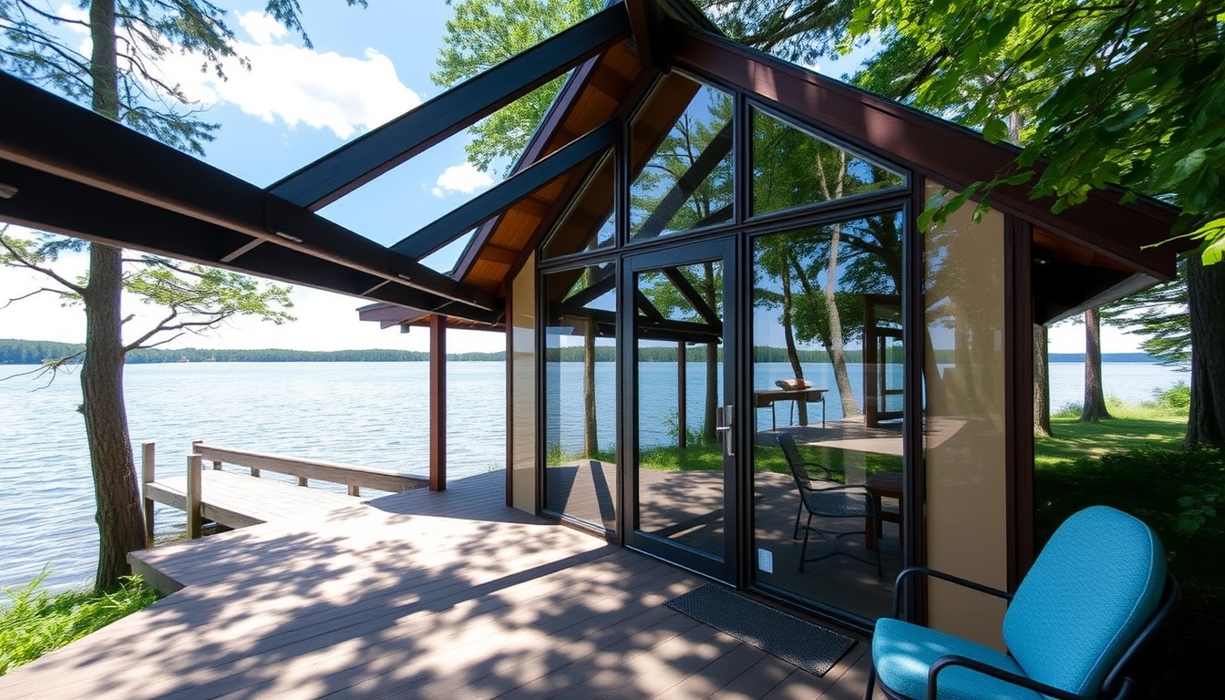 A serene lakeside cabin with a glass front, offering an unobstructed view of the water.