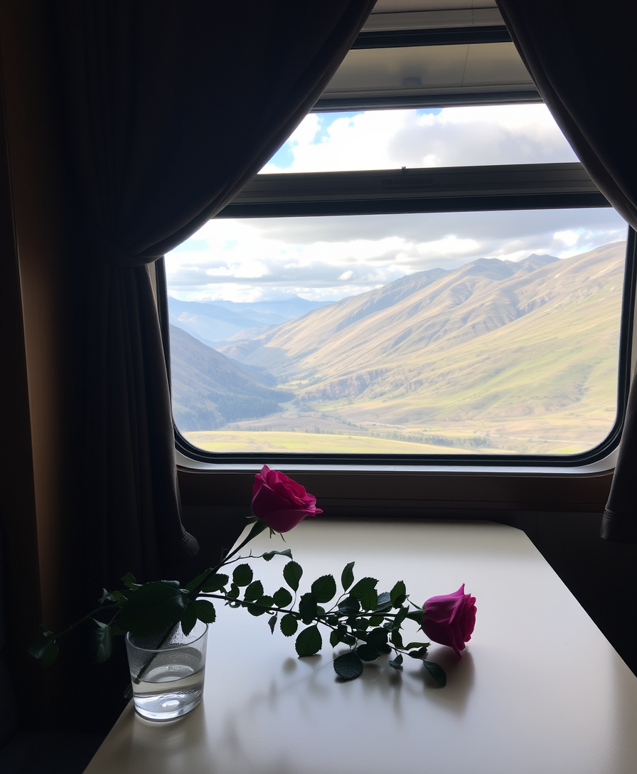 A bouquet of roses on a table in a cozy compartment, a stunning view opens outside the train window.