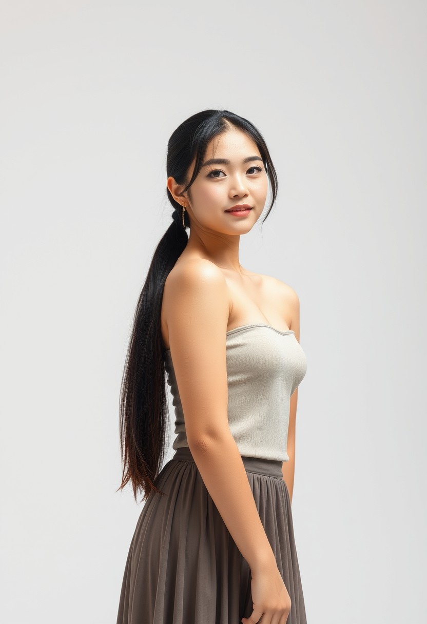 Create a real photo in a realistic photo style, depicting a 27-year-old Asian woman with her hair tied into a low ponytail, her beautiful body, and indoor lighting, creating an atmosphere of maturity and confidence. Make sure to capture her unique and alluring qualities in a way that accentuates her long hair. Wearing a simple dress, long skirt, light makeup, pure white background, full body photo. - Image