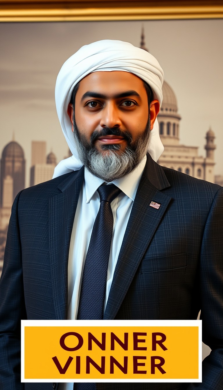 A young Muslim man in a suit and white headscarf in front of a picture, Pexels contest winner, Muslim, Ismail, Silvain Sarrailh, professional profile picture, Arab man with light beard, Sheikh. - Image