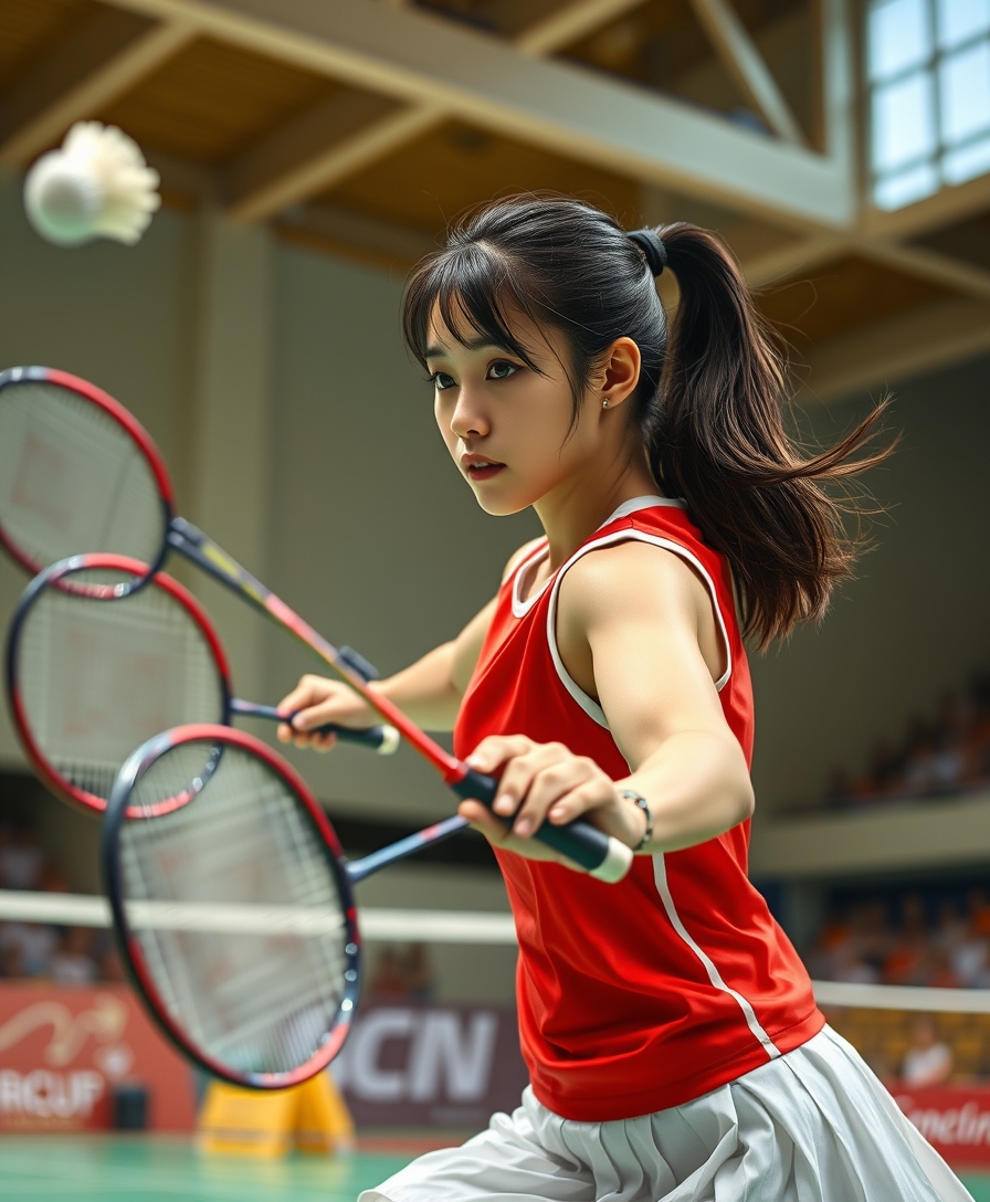 A detailed, realistic portrait of a young woman playing badminton in an indoor sports arena. The woman is wearing a bright red jersey and is mid-swing, her body in a dynamic, athletic pose as she focuses intently on the shuttlecock. The background is blurred, with glimpses of the court, net, and spectator stands visible. The lighting is natural and directional, creating shadows and highlights that accentuate the woman's features and muscular definition. The overall composition conveys a sense of energy, movement, and the intensity of the game. The image is highly detailed, with a photorealistic quality that captures the textures of the woman's clothing, skin, and the badminton equipment. A woman with a beautiful face like a Japanese idol, she is wearing a white pleated skirt.

Badminton rackets and shuttlecocks with dynamic swings and motion blur. Depiction of the human body with a flawless personality.