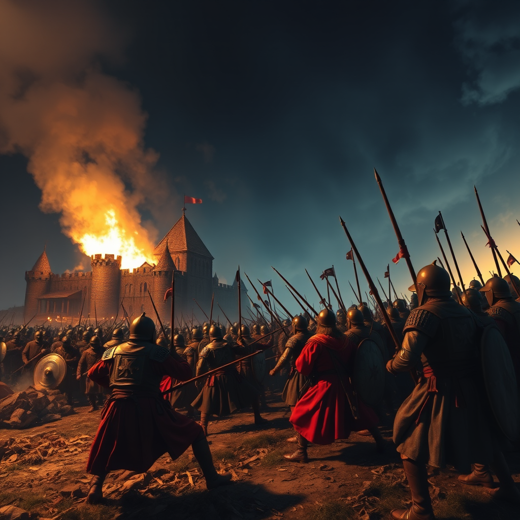 Battle of the medieval Russian army with the Tatar-Mongols. Night background, a burning wooden fortress. - Image