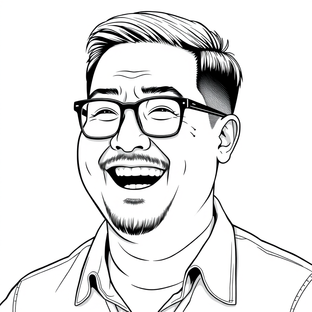 A cool black and white line drawing of a 35-year-old man, with short flat hair, Asian descent, black thin-framed glasses, a slightly short beard on his chin, wearing a shirt, with a full face, clean and fresh skin, slightly overweight, and laughing heartily. - Image