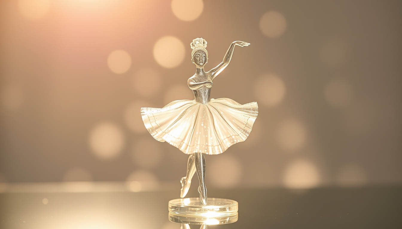 A delicate glass sculpture of a dancing ballerina, surrounded by shimmering light. - Image