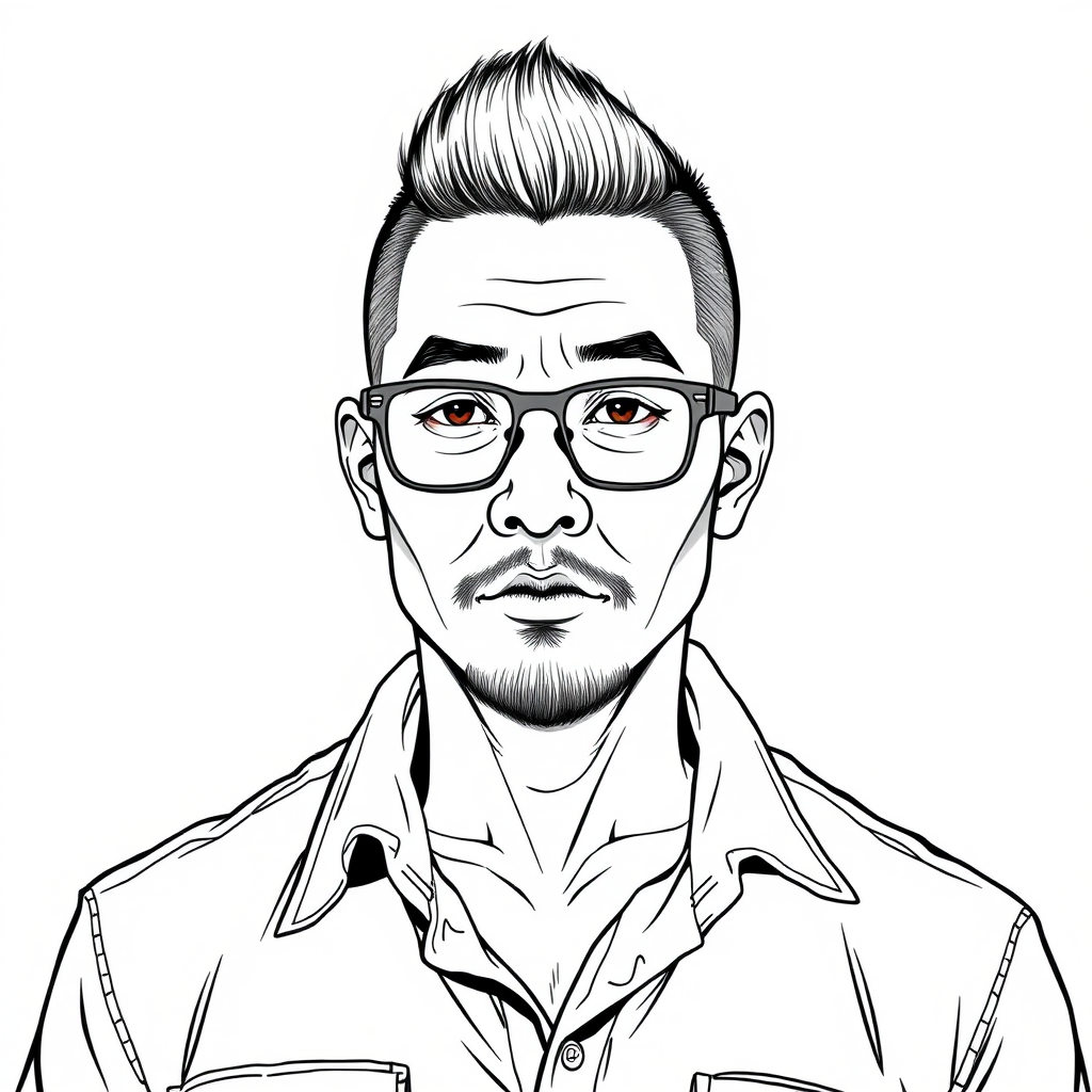 A portrait line drawing of a Chinese male about 35 years old with a strong street vibe. His hairstyle is a clean and neat buzz cut, seemingly proclaiming his resilience and spirit. He has a robust physique, showing signs of long-term street life; every muscle tells his story. He wears a pair of framed glasses that give him a scholarly appearance, yet there’s a hint of streetwise intelligence shining through. His chin sports an unevenly trimmed stubble, exuding a rebellious and unconventional charm, full of street flair. He is dressed in a casually open shirt with a rolled collar, reflecting a carefree street attitude. His face is full yet angular, blending the ruggedness and toughness polished by street life, creating a unique and charismatic personality rich with street essence.