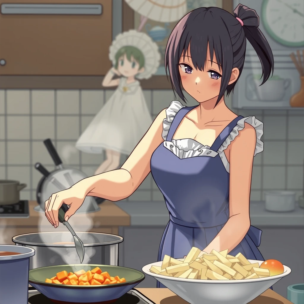 A Japanese female student in a dress is cooking. - Image