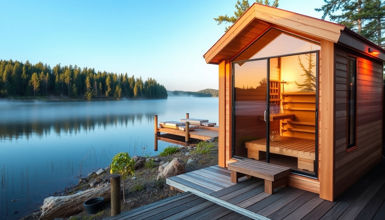 A peaceful lakeside retreat with a glass-fronted sauna overlooking the water.