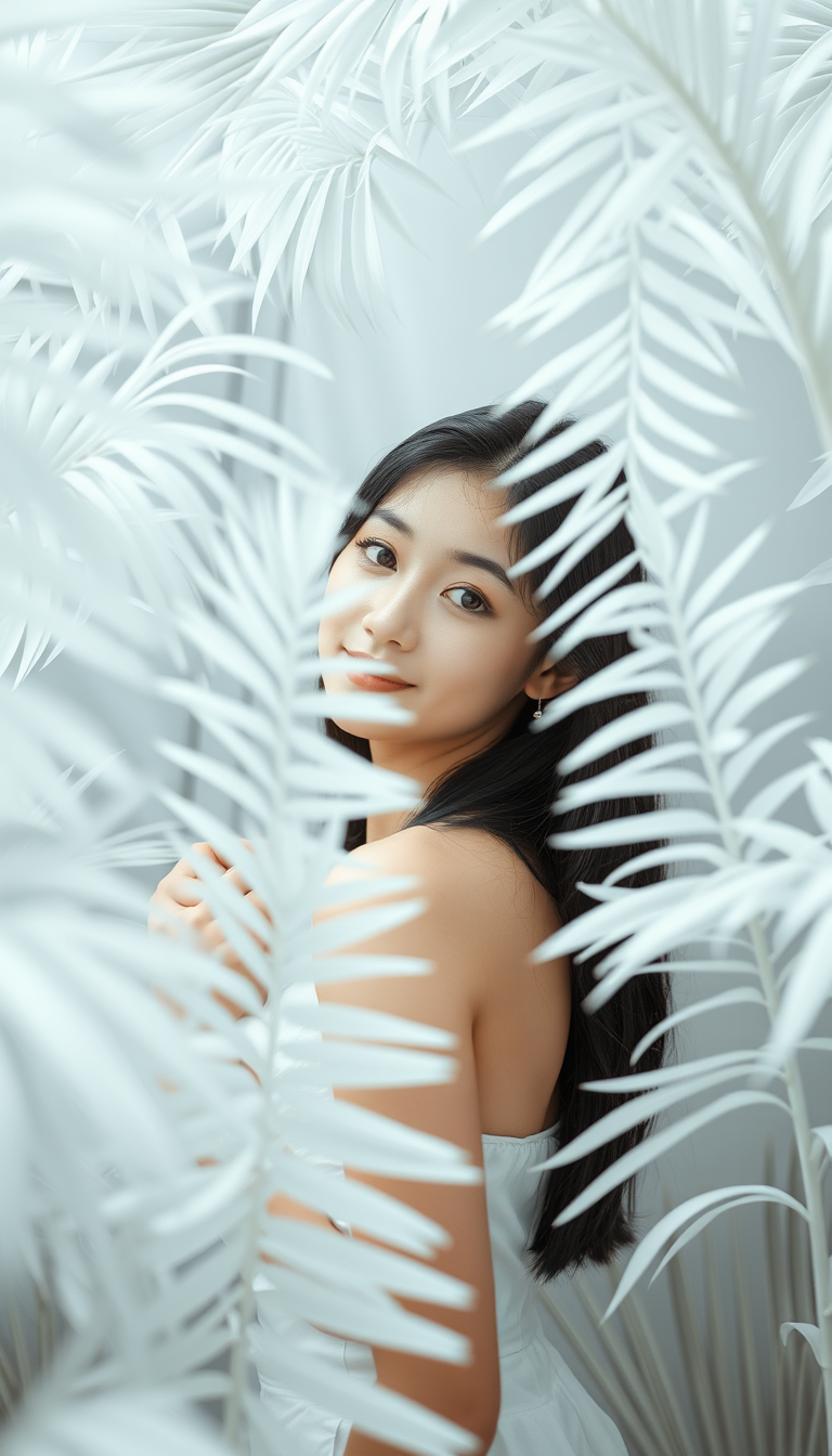 An exceptionally beautiful Asian girl poses like a model in a tropical plant forest dominated by pure white hues. Her posture is graceful, and the tropical plants are all made of translucent pure white glass, partially concealing the girl and creating an illusion of her being faintly visible.