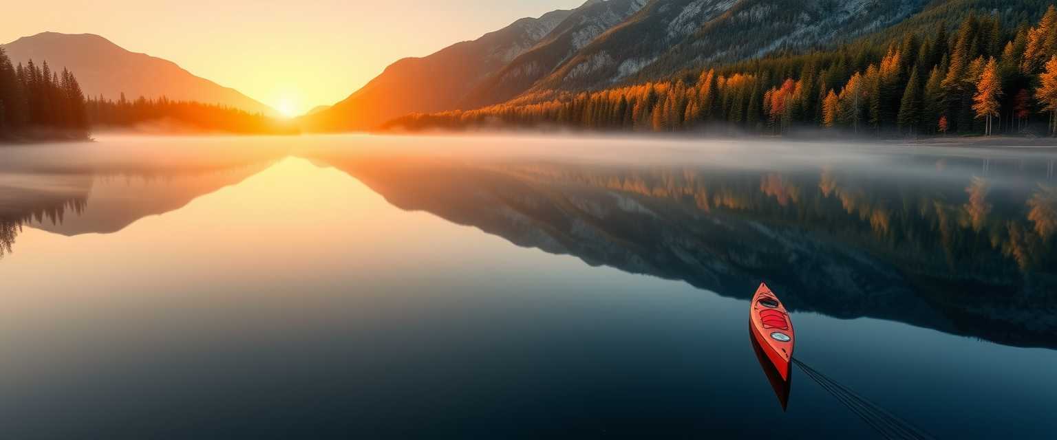 Peaceful, serene lake, mirror-like surface, misty morning, high quality, photorealistic, majestic mountains, pine trees, colorful autumn foliage, reflection, tranquil, secluded, remote, idyllic::0.7 kayaking, canoeing, rowboat, sunrise, sunset