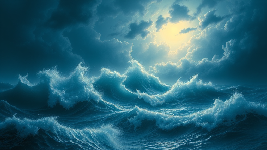 by Ivan Aivazovsky, romanticism, shutterstock, storm at sea, a violent storm at sea, wild ocean storm at night, storm of all storms, Blue tone, Pastel