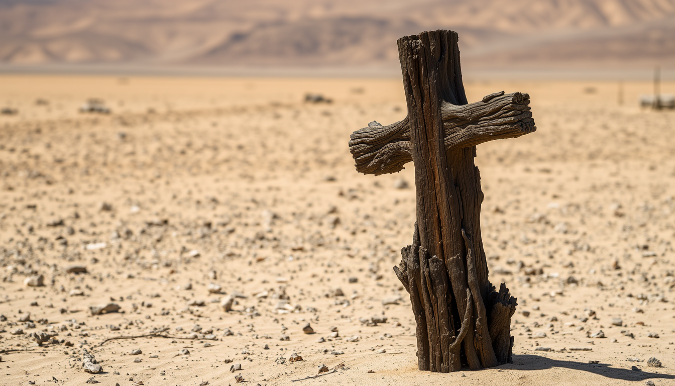 An old wooden cross in the middle of a barren desert. The cross is standing upright on the right side of the image. The cross is made of badly rotten and crumbly dark wood. The edges of the wood are jagged and uneven, with some areas of the bark appearing to be chipped and peeling off. The overall scene is desolate. - Image