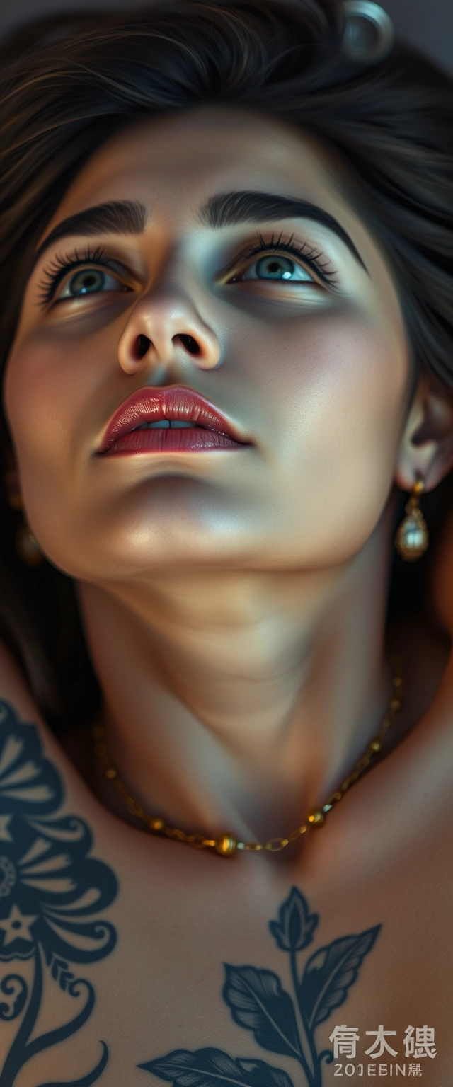 Close-up shot of the tattooed body of a white-skinned Indian-Korean woman with beautiful facial features and a defined jawline, blue eyes, wearing gold ornaments, looking upwards while lying down sideways.