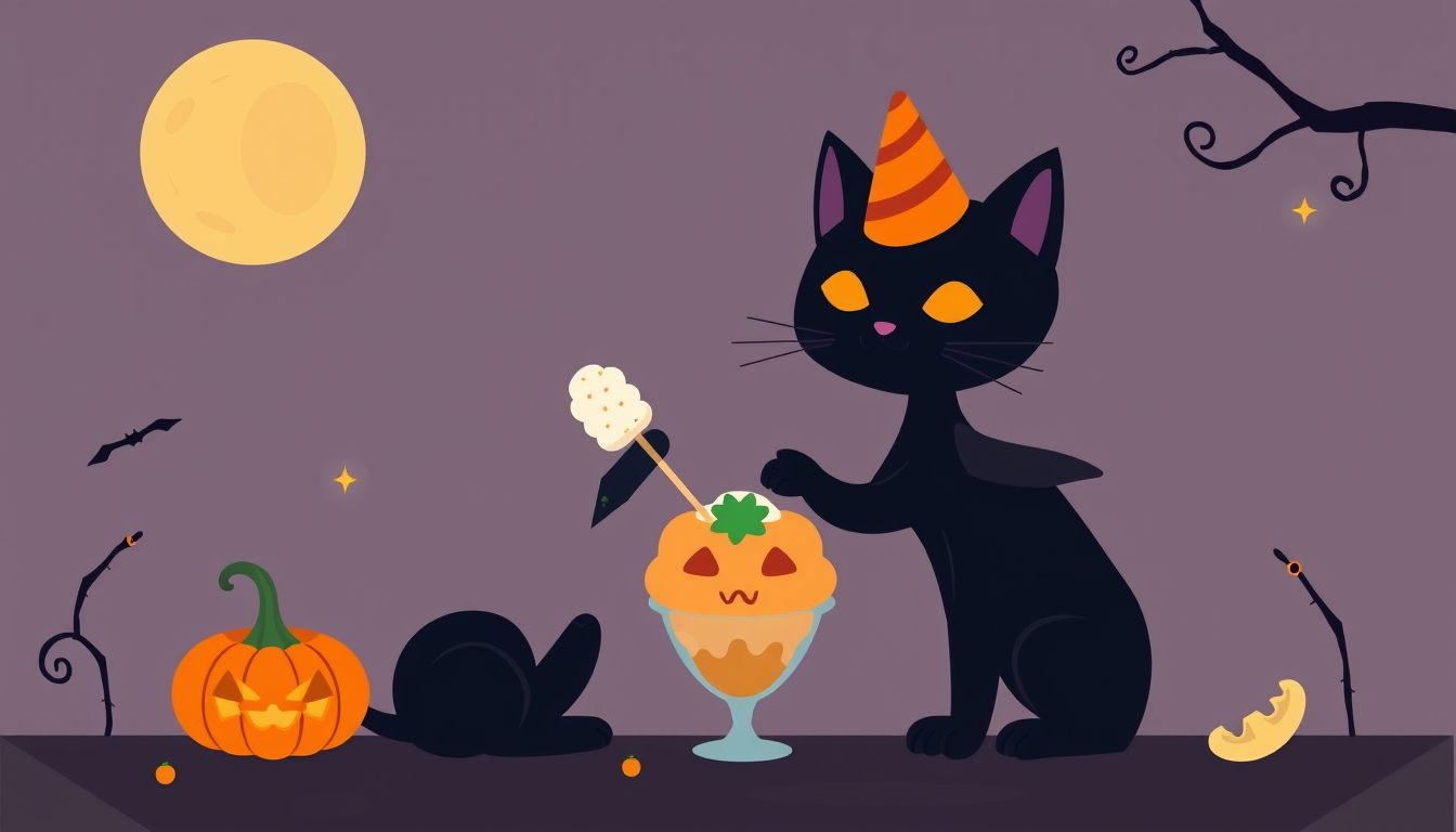 Black cat and pumpkin ice cream, Halloween vibe, flat design illustration.