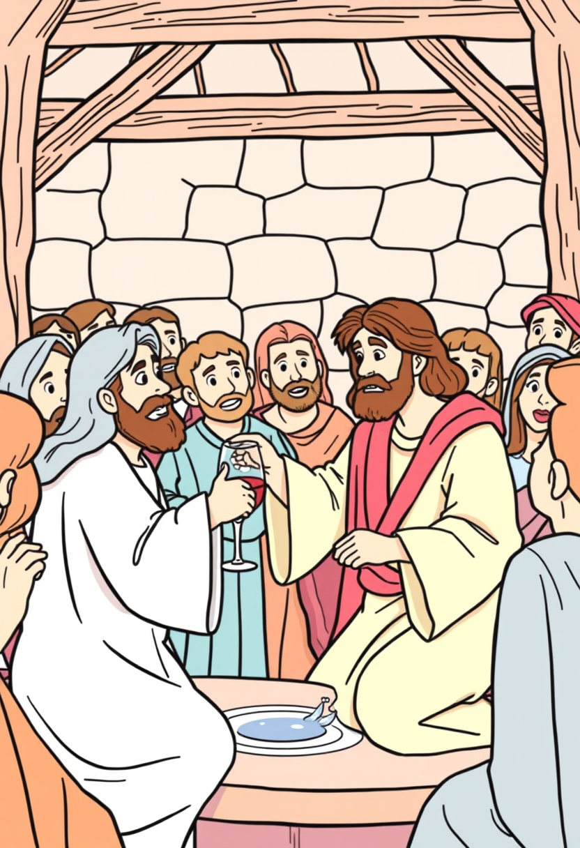 Create a scene of Jesus at the wedding in Cana, turning water into wine, with amazed guests in the background. a coloring book page, cartoon style, thick lines, low details, no shading.