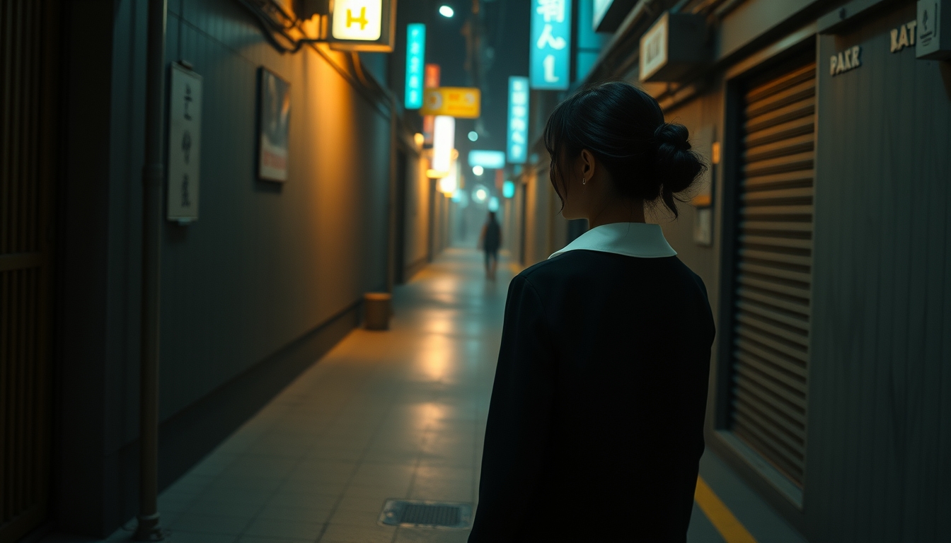 masterpiece, best quality, very aesthetic, absurd resolution  
wlop minimalism  
cinematic lighting  
1 girl, aged up  
walking in the alley, black suit, white collar shirt  
perspective from above  
cyberpunk, neon - Image