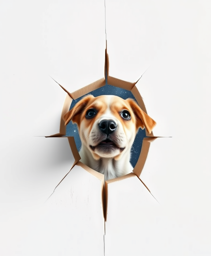 A white wall with a 3D fracture in the center, from which the head of a cute surprised puppy emerges, with a starry sky behind it.