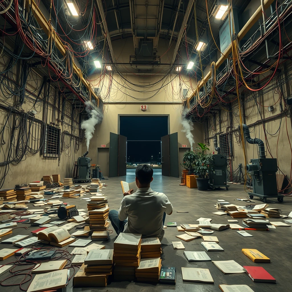 A real-life photograph, wide shot, of someone sitting in the corner of a large hall, reading a book. The hall has some books scattered messily, and many wires of varying thicknesses are on the floor and in the air, including red, blue, yellow, and other colors. Additionally, there are some machines emitting steam. At night, the lighting is dim, and there are some plants. At night, the main door of the hall is open.