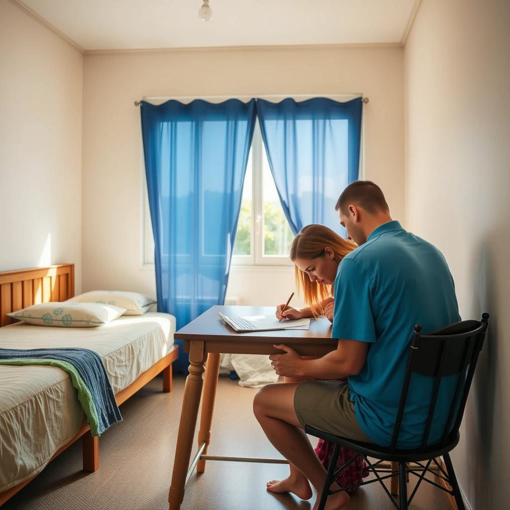 In the room, there is a bed, a table, and chairs. The male tutor is helping the female student with her homework. It is summer, and very hot; they are sweating. - Image