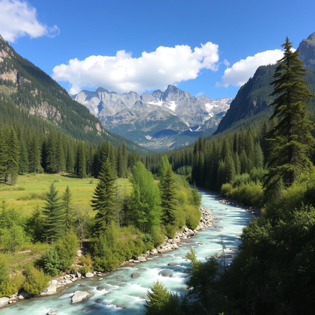 mountain river and forest on a sunny day - Image