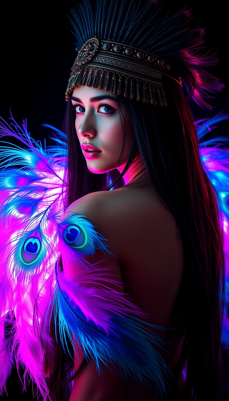 A highly detailed, photorealistic portrait of a young woman with long, dark hair and an ornate headdress, surrounded by vibrant, colorful peacock feathers. The woman's face is partially obscured, with only her profile visible, drawing the viewer's attention to the dramatic, backlit setting. The feathers are illuminated in a mesmerizing array of pinks, blues, purples, and turquoises, creating an ethereal, otherworldly atmosphere. The woman's exposed back reveals intricate tattoo designs. The overall composition has a sense of movement and energy, with the feathers appearing to sway and flutter around the subject. The background is dark, allowing the vibrant colors and textures of the feathers to be the primary focus. Highly detailed, with an exceptional level of realism and attention to fine details. - Image