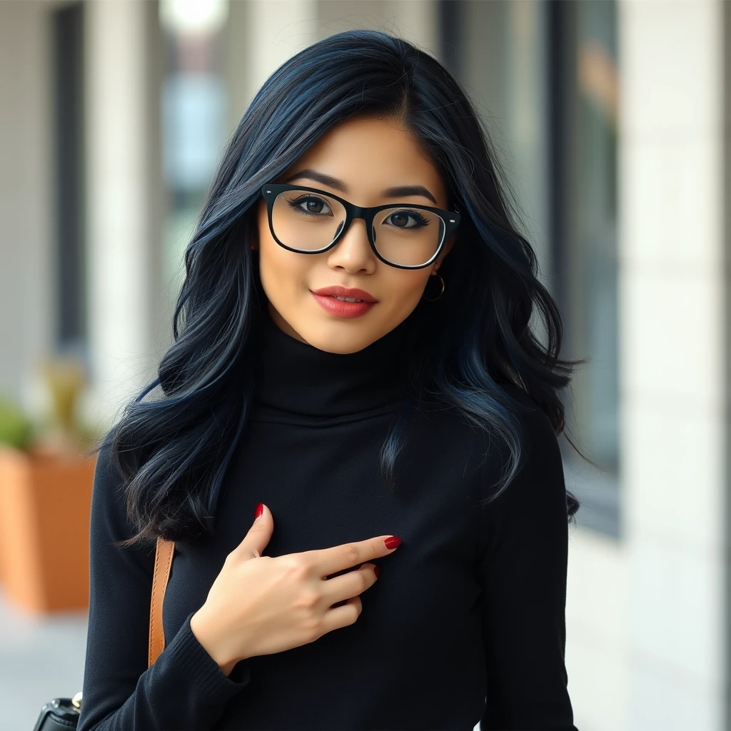 A very beautiful brunette. Blue-black hair. A black turtleneck hugged, and a black miniskirt barely covered and tried to wrap itself higher when walking. Her black-rimmed glasses made her look like a teacher or a secretary.