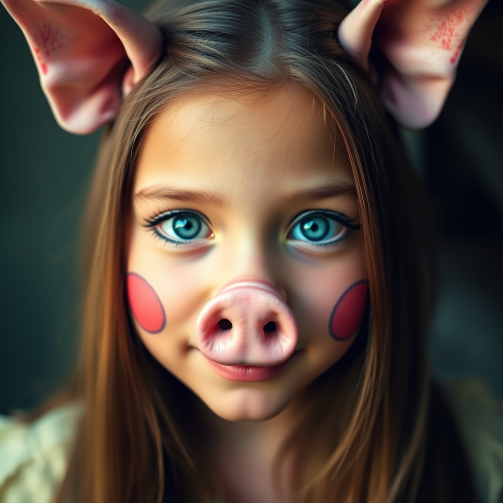 A pretty girl with pig face makeup and a pig's nose.