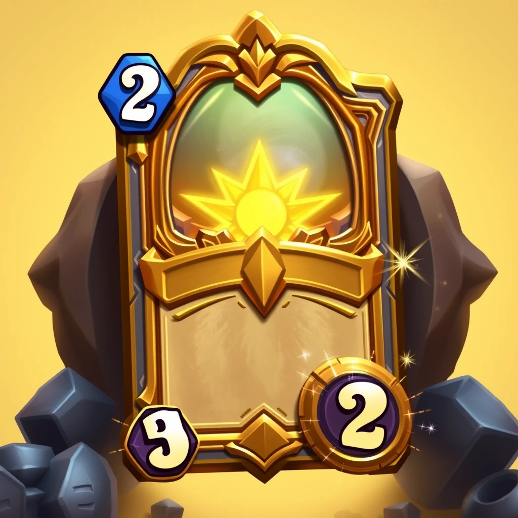 A golden Hearthstone-style card with a glowing yellow aura, a large decoration showing the title at the top, a big number two in the bottom right corner, and a high-quality icon button with sparks around it. The background is simple, with a 2D game art style and details designed to attract kids.