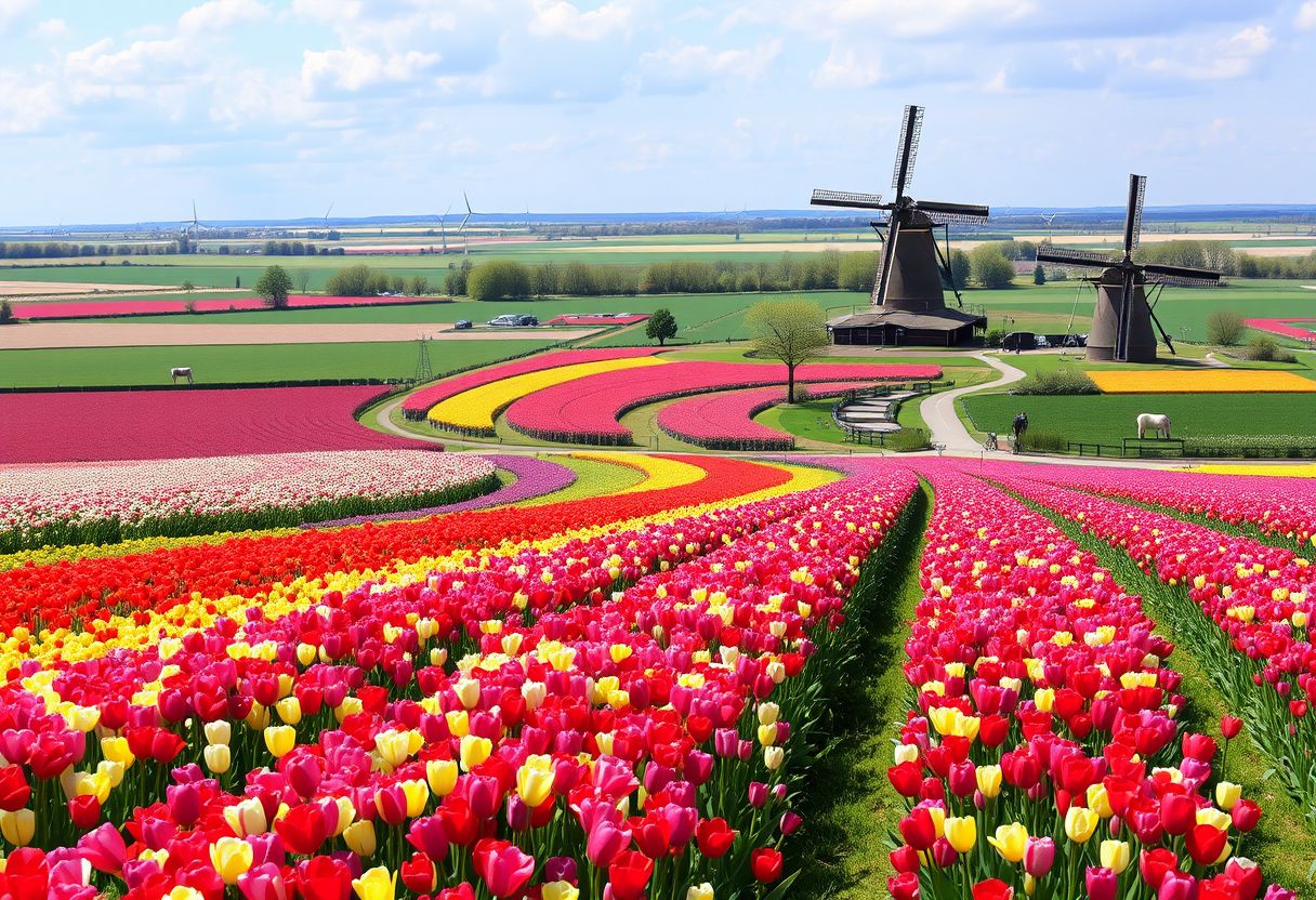 Sprawling, colorful tulip fields, blooming flowers, vibrant, cheerful, high quality, photorealistic, idyllic, springtime, windmills, rural, Dutch countryside, picturesque, breathtaking::0.9 cycling, bicycle paths, windmill-lined canals, charming, blue skies, peaceful, farmland, grazing cows