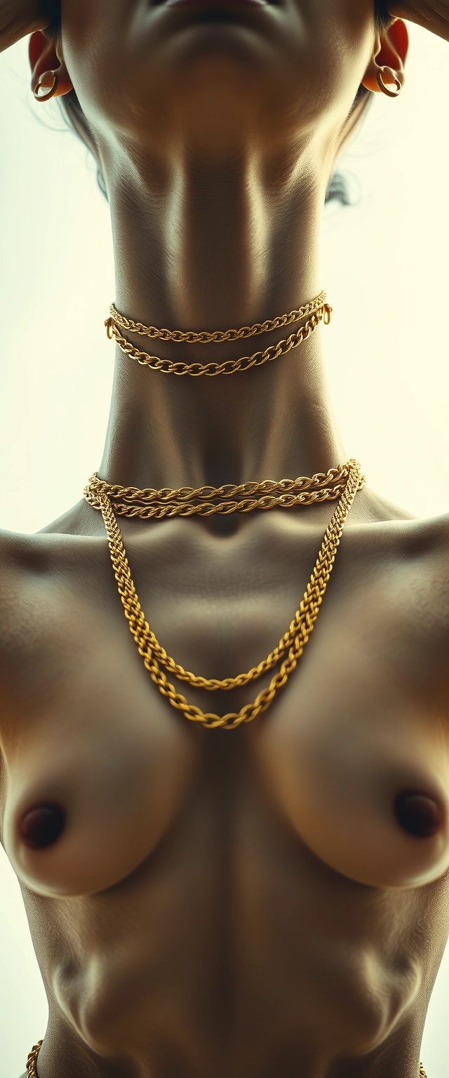 Strict close-up view of the neck of a divine, highly muscular, tall, strictly white-skinned Indian woman wearing gold chains around her waist, breasts, and neck, standing on her hands upside down.