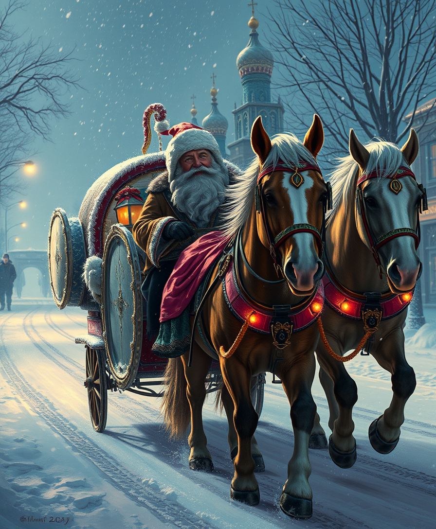 An exciting cyberpunk scene where a Russian Snow Grandfather and a charming Snow Maiden ride in a festive carriage drawn by a Russian three horses. - Image