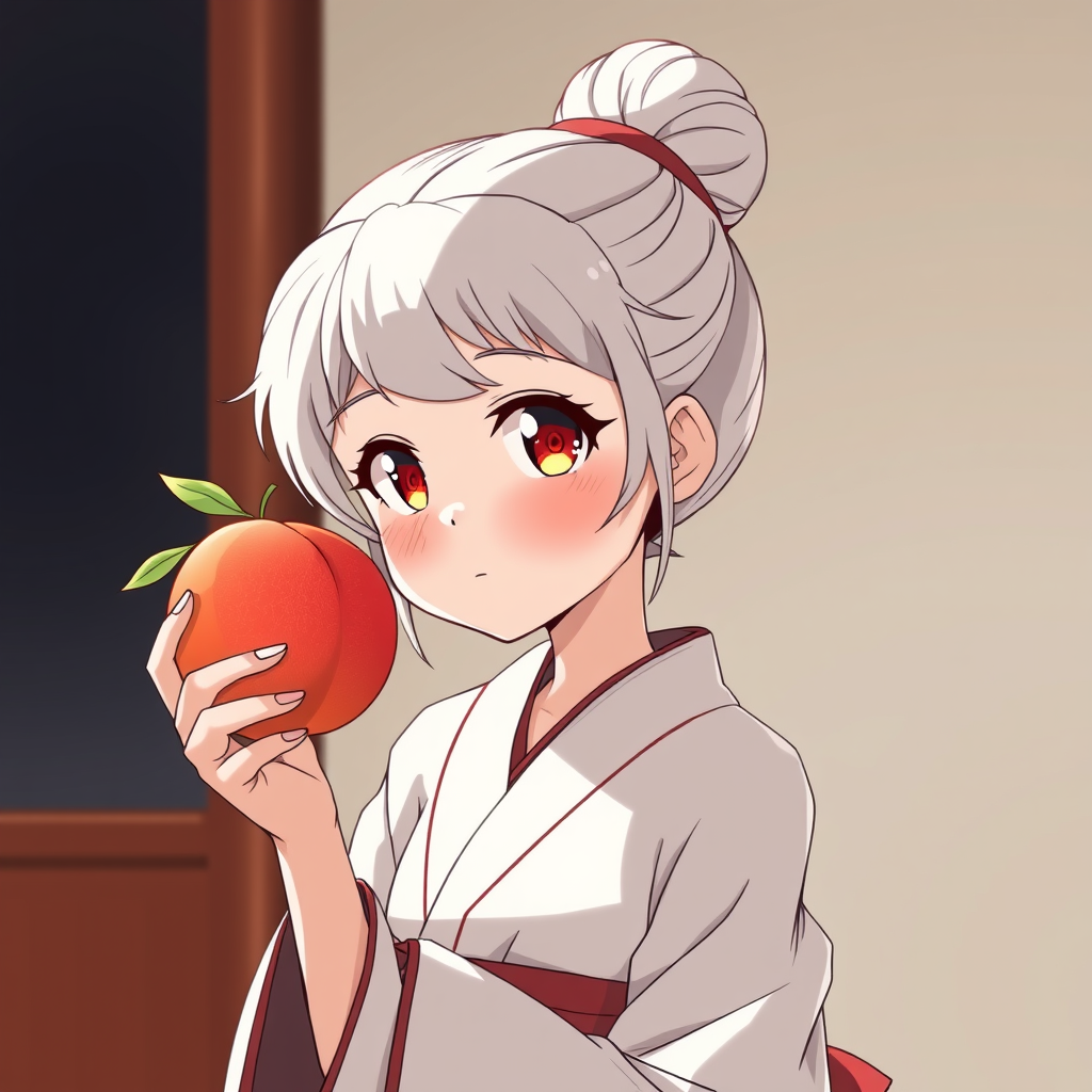 In an anime style, a short elderly woman with her hair up in a bun wearing a white kimono holding a peach. She has red eyes.