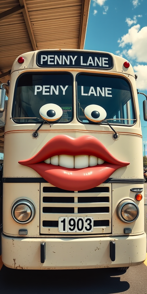 Surreal and whimsical image featuring a vintage bus parked at a bus station. The bus has a cream-colored exterior with a slightly weathered look, and the number '1903' is displayed on the front. The most striking feature is the large, exaggerated set of lips and teeth superimposed on the front of the bus, resembling a face with headlights as eyes and giving it a cartoonish and humorous appearance. The bus station has a covered area with a high roof, and there are other buses and motorcycles visible in the background. The bus destination sign reads 'PENNY LANE' in white text on a black background. The overall scene is bright and clear, with a blue sky and some clouds visible.