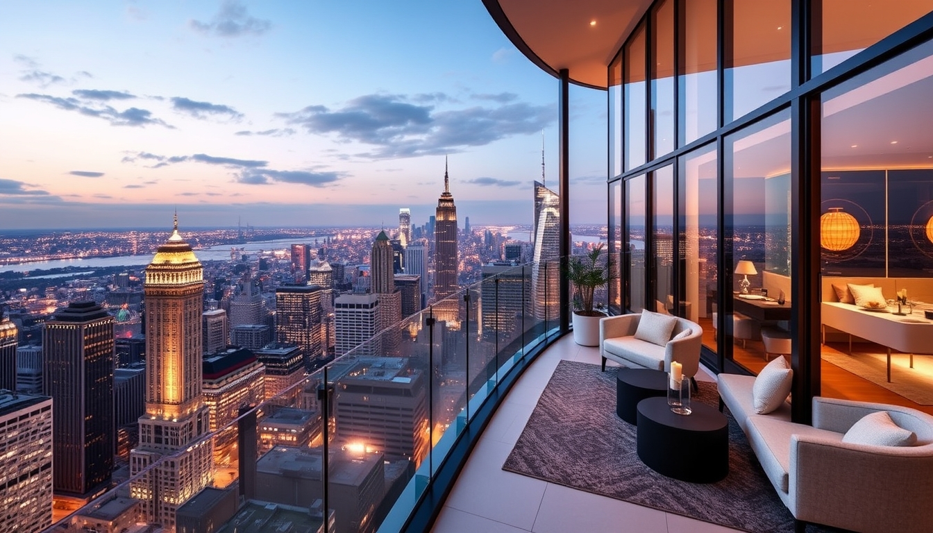 A luxurious glass-walled penthouse apartment overlooking a bustling city. - Image