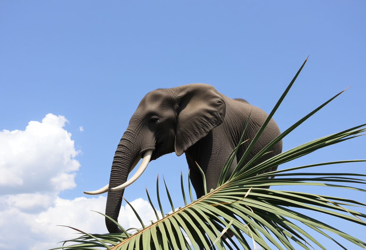 There is an elephant in the palm. - Image