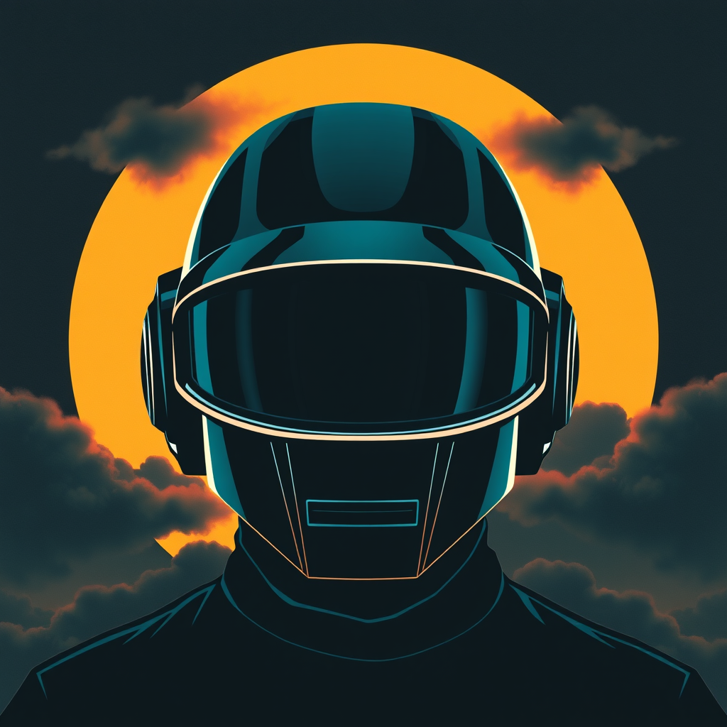 Daft Punk Mask in vector art style for a poster or T-shirt, featuring a large sun-like circle in the background, layered with dark grey clouds and tetradic colors. The design includes black canvas, dark teal accents, and a sinister atmosphere, reminiscent of album art and CD cover artwork.